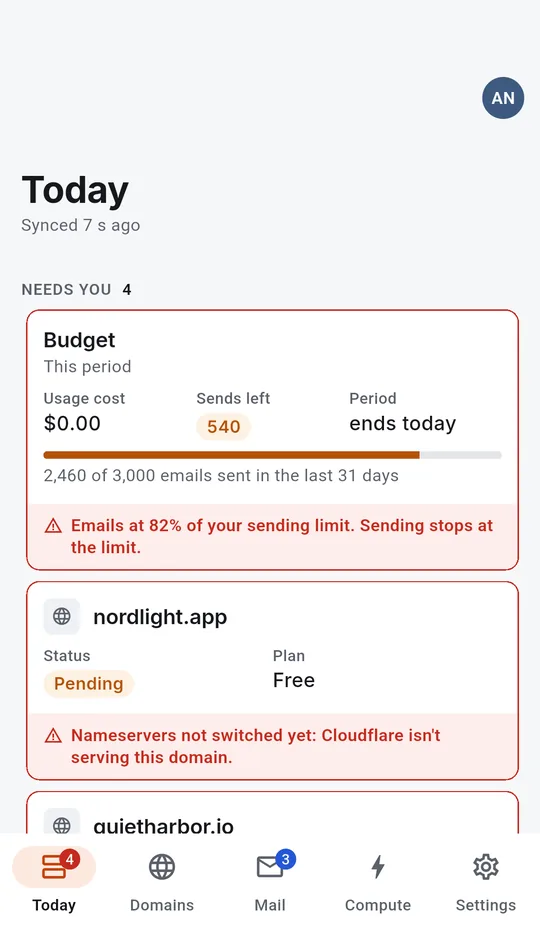 Android: Today: the domains and the sending budget that need a look, each with its reason, above new mail.