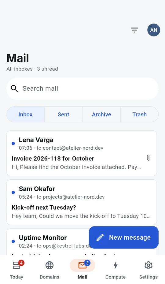 Android: The inbox: mail to several addresses on the user's domains.