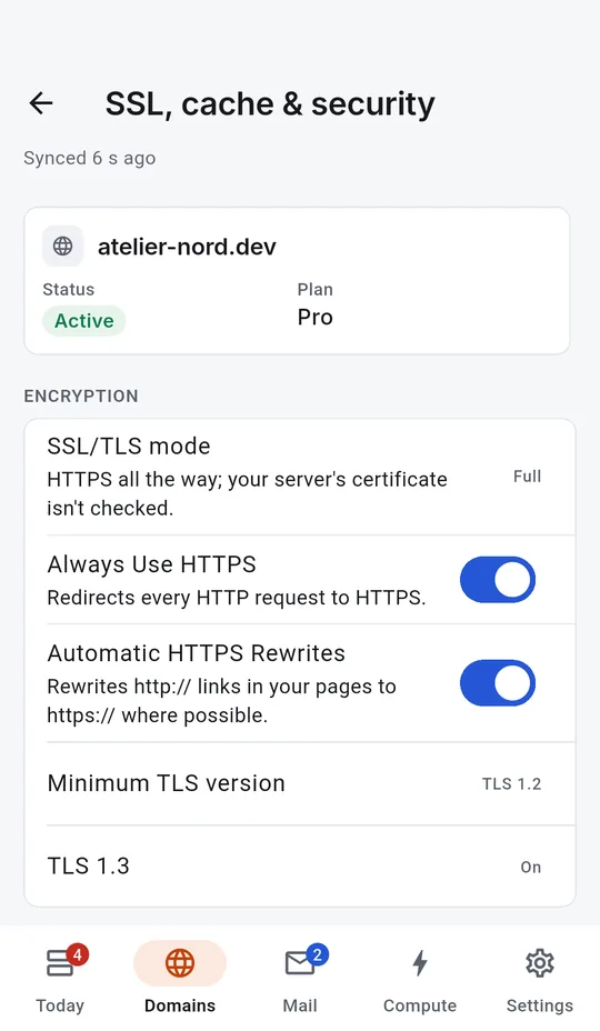 Android: A domain's SSL, cache and security settings.