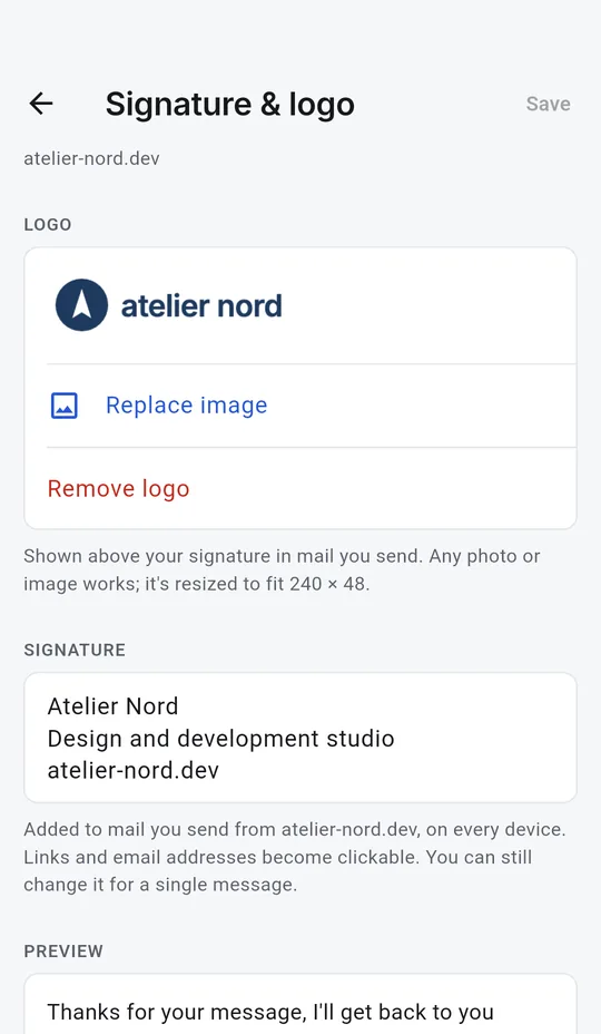 Android: A domain's signature and logo, with a preview.