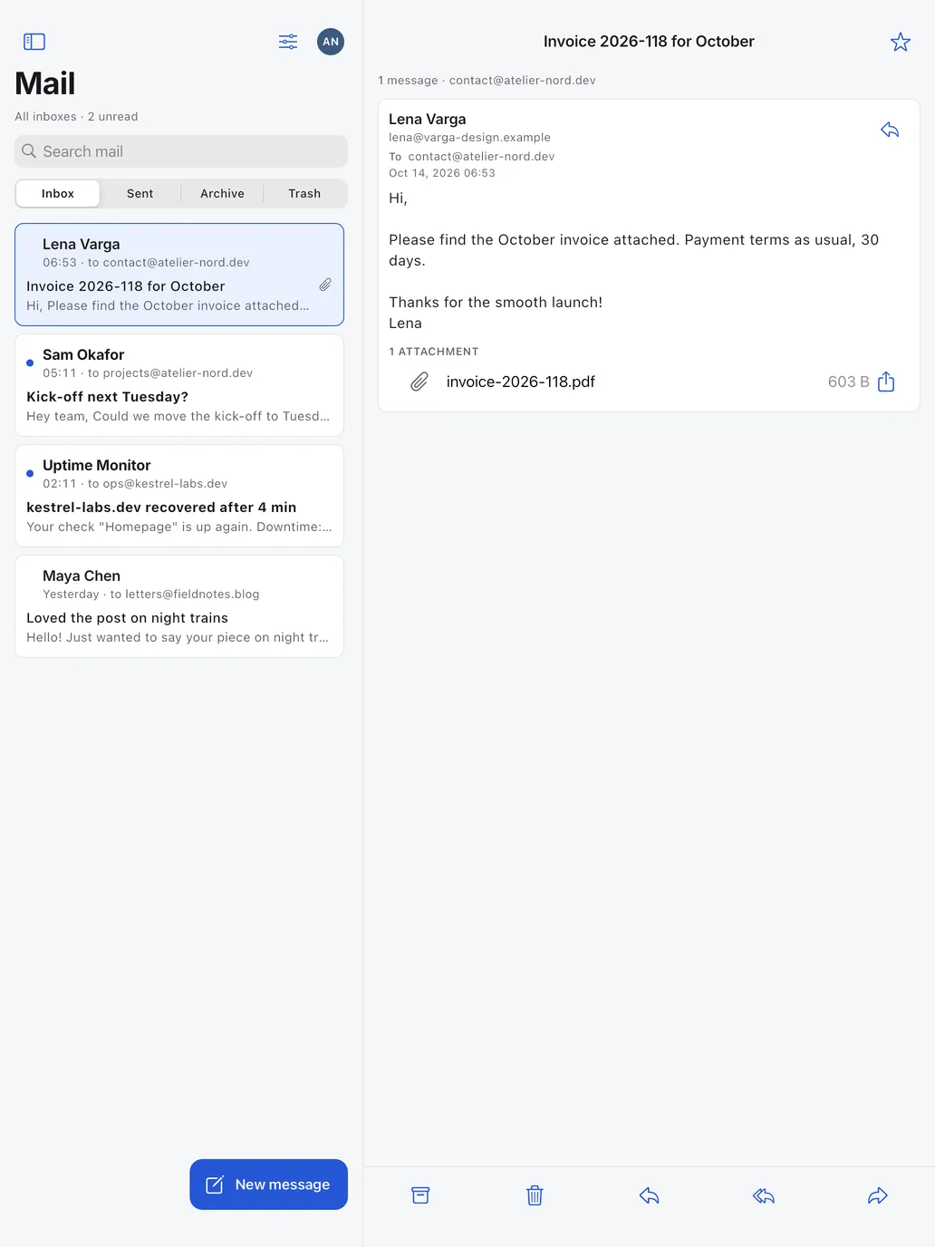 iPad: A message with a PDF invoice attached.