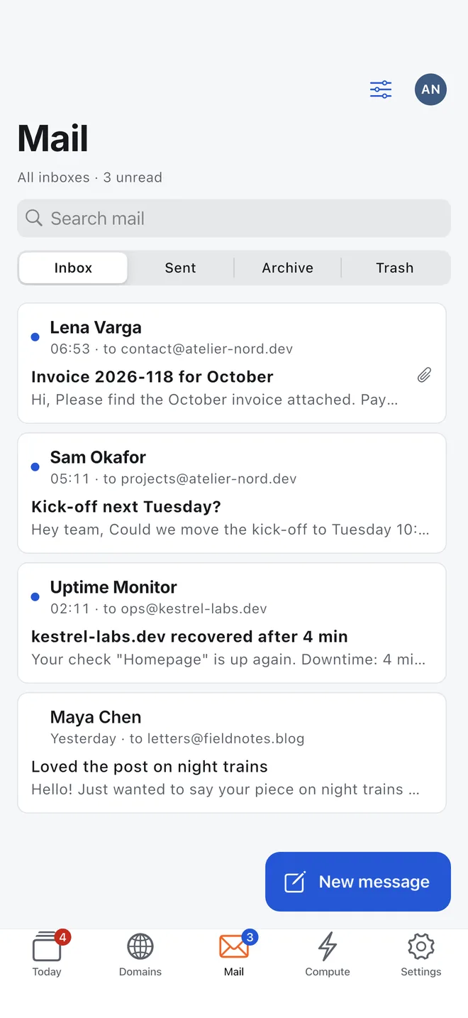 The Mail inbox: messages to several addresses on the user's domains, with a New message button.