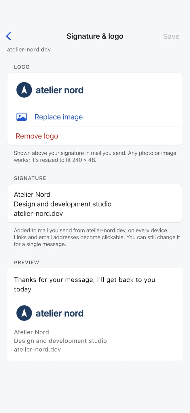 A domain's signature and logo settings, with a preview of how they appear under a message.